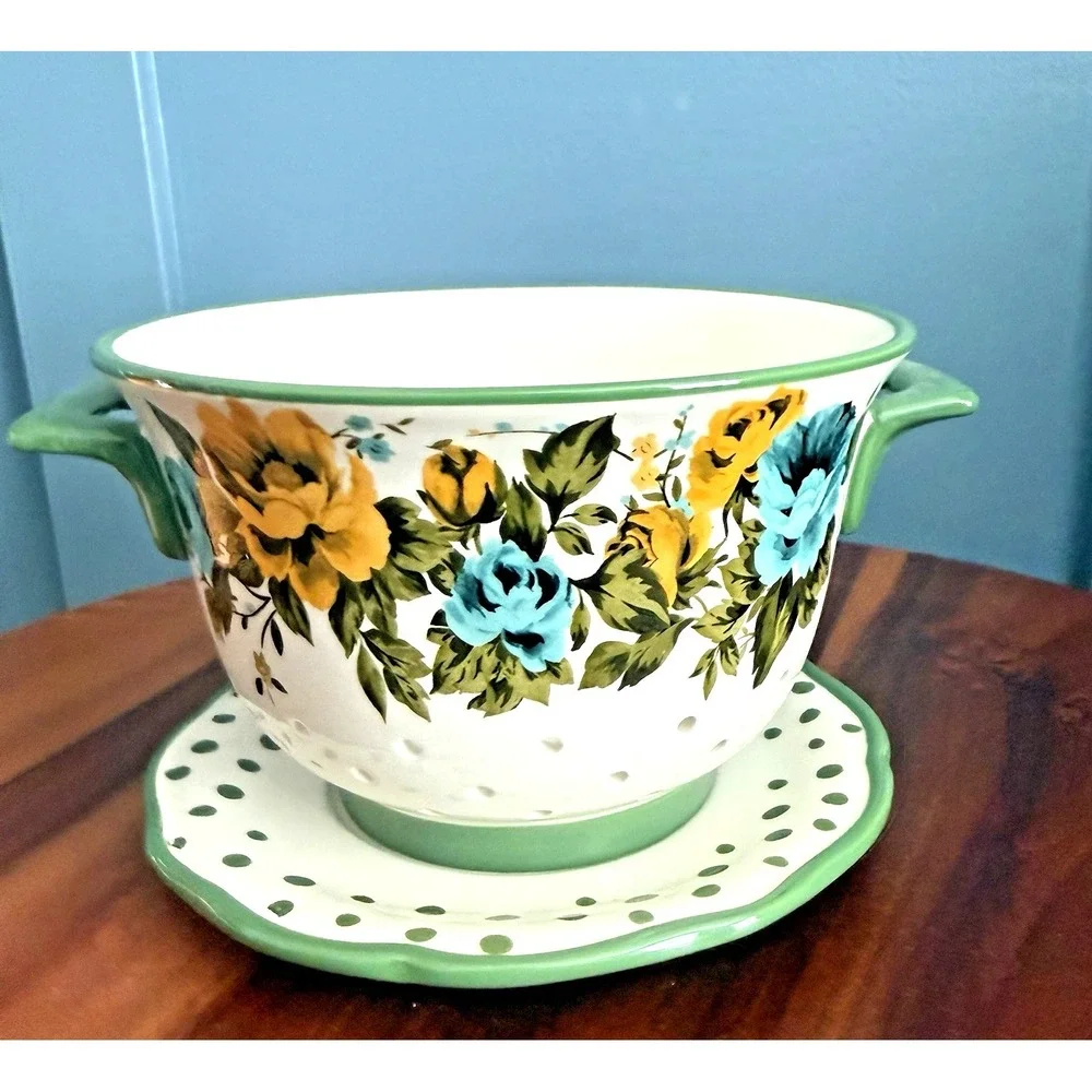 Pioneer Woman Rose Shadow Green Ceramic Berry Colander Strainer with Drip Plate